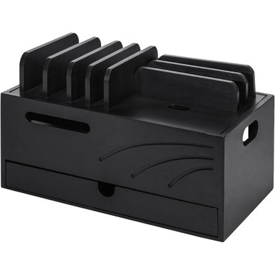 Organisateur de station de charge en bambou, support de chargeur pour plusieurs appareils, boîte de gestion des câbles avec 6 compartiments et tiroir, noir