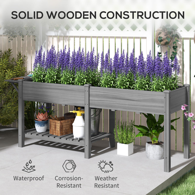 Wood Raised Garden Box, Elevated Garden Bed With Side Table, Bottom Shelf, Bed Liners And Drainage Holes, Gray, Gray