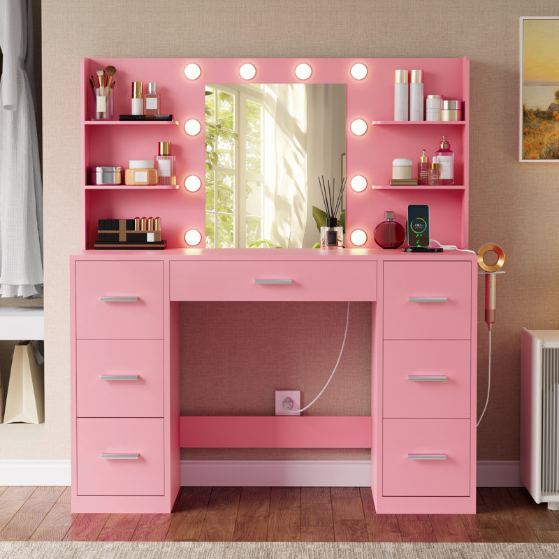 Ragin Makeup Vanity With Usb Power Outlet And 3 Modes Adjustable Brightness Light, Light Pink