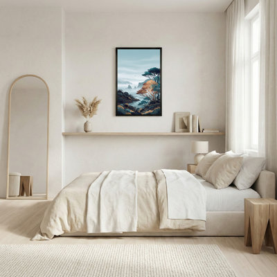 Toile dorée et sarcelle le long d'une vallée fluviale, art mural