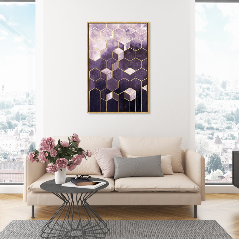 Mauves abstraits géométriques - impression, H 45 po x l 30 po, Toile encadrée d'or
