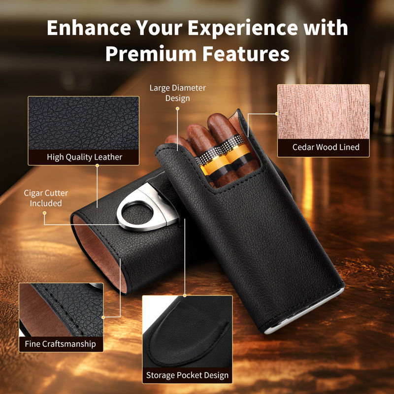Rangement portatif pour 3 cigares, étui à cigares de voyage, boîte en cuir doublée de bois de cèdre avec coupe-cigare en acier inoxydable durable, pochette pour accessoires pour cigares