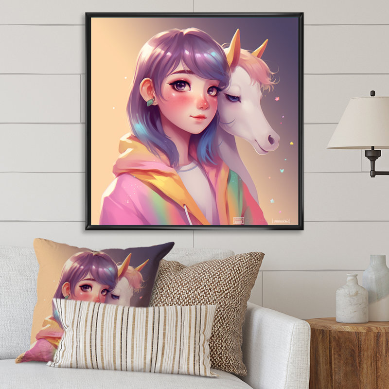 Adorable licorne accompagnée sur toile, Cadre flottant noir, 30" H x 30" W