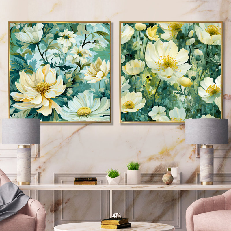 Dany - Ensemble de 2 décorations murales florales, Encadrement doré, H 16 po x l 33 po x P 1 po