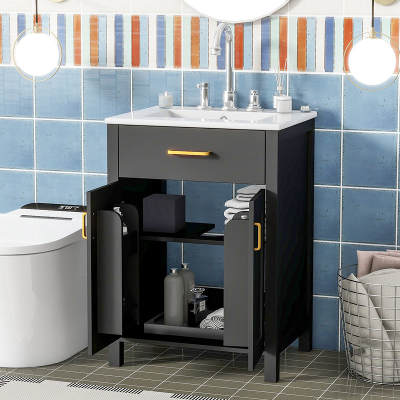 Black 24-Inch Freestanding Bathroom Vanity with Ceramic Sink