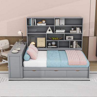 Lit de jour double en bois avec bureau, tablettes, lumières intégrées et 3 tiroirs