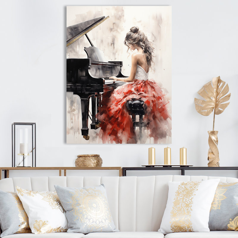 Yannis Beige Red Music Piano Harmony I - musique, impressions sur toile, H 32 po x l 24 po, Toile tendue, Sans cadre