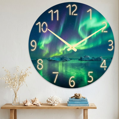 Landscape & Nature Aurora Borealis Sky Over Icebergs And Water Ultra Clear Glass Wall Clock