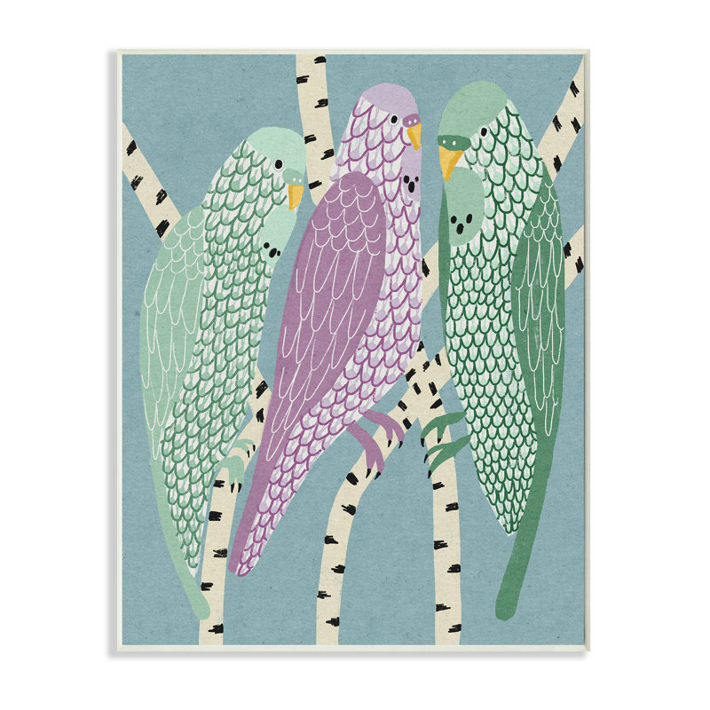 Perruches perchées sur des oiseaux mauves et verts, Bois naturel, H 15 po x l 10 po