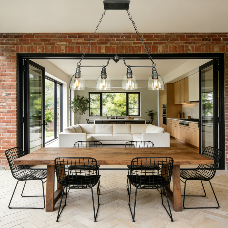 4-Light Dimmable  Modern Linear Pendant Light with Seeded Glass, in Brushed Antique Silver for Dining Room