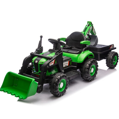Jouet électrique pour enfant 24V avec accessoires de construction 4-en-1 (pelle, camion à benne basculante et bulldozer) avec télécommande pour les parents, réglable à 3 vitesses, lecteur de musique intégré, feu arrière à DEL