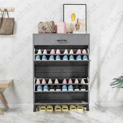 Armoire de rangement pour chaussures pour le vestibule, organisateur de chaussures autoportant avec 2 tiroirs rabattables, organisateur de rangement pour chaussures dissimulé pour placard de couloir de porte, gris