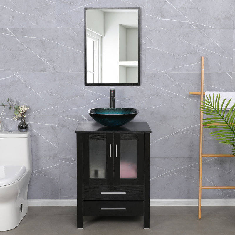  24" Single Bathroom Vanity Set with Vessel Sink, Manufactured Wood Top, Faucet, Drain, Dark Espresso, Black