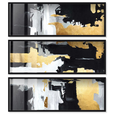 Golden Impact I - Ira Colmeva, grand ensemble de 3 boîtes d'ombre par Art Remedy, cadre noir, 48 x 16
