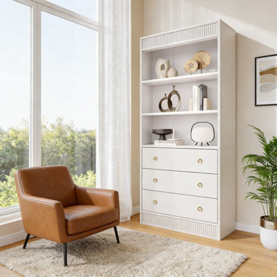 Bibliothèque haute cannelée avec 3 tiroirs et 3 tablettes ouvertes, bibliothèque de conception ondulée de 71 pouces pour le rangement du salon ou du bureau personnel
