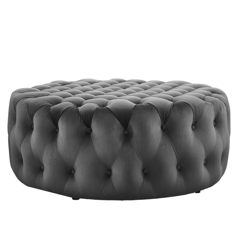 Amour Large Round Gray Velvet Tufted Ottoman