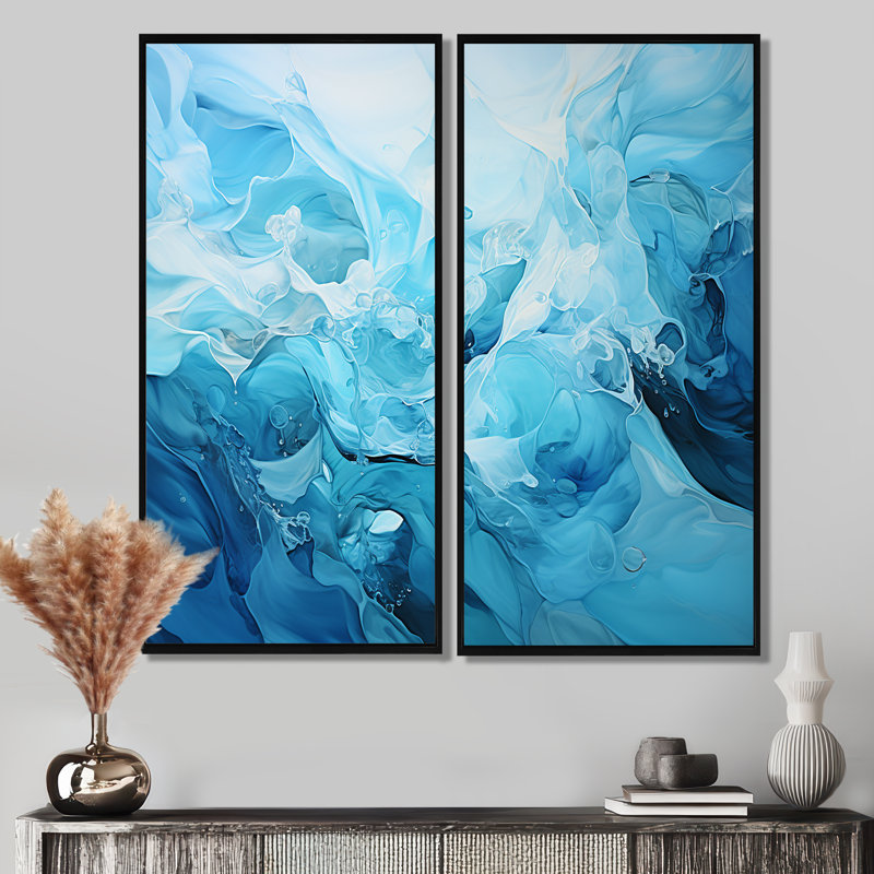 Oceanic Rhapsody I - Teal Modern Wall Art 2-Panels, 40" H x 40" W, Floater Framed Print, Black