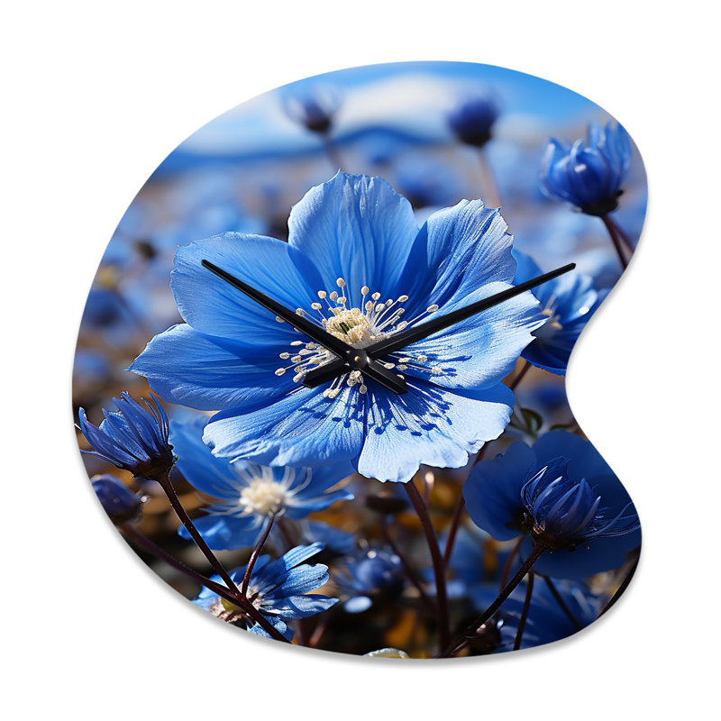 Blue Flower Cobalt Delight - Floral Unique Shape Metal Wall Clock, Traditional Asymmetrical Wall Clock Print, Small