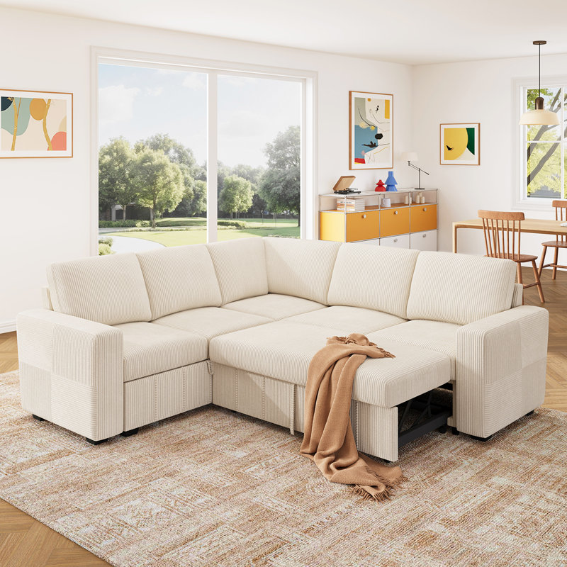 Honbay L Shaped Sleeper Sectional Sofa Couch With Storage Seat Beige, Beige Corduroy