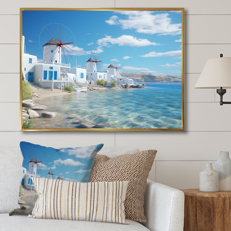 «Grèce Serenity In Mykonos - Grèce», reproduction sur toile encadrée, H 16 po x l 32 po x P 1 po, Cadre flottant doré