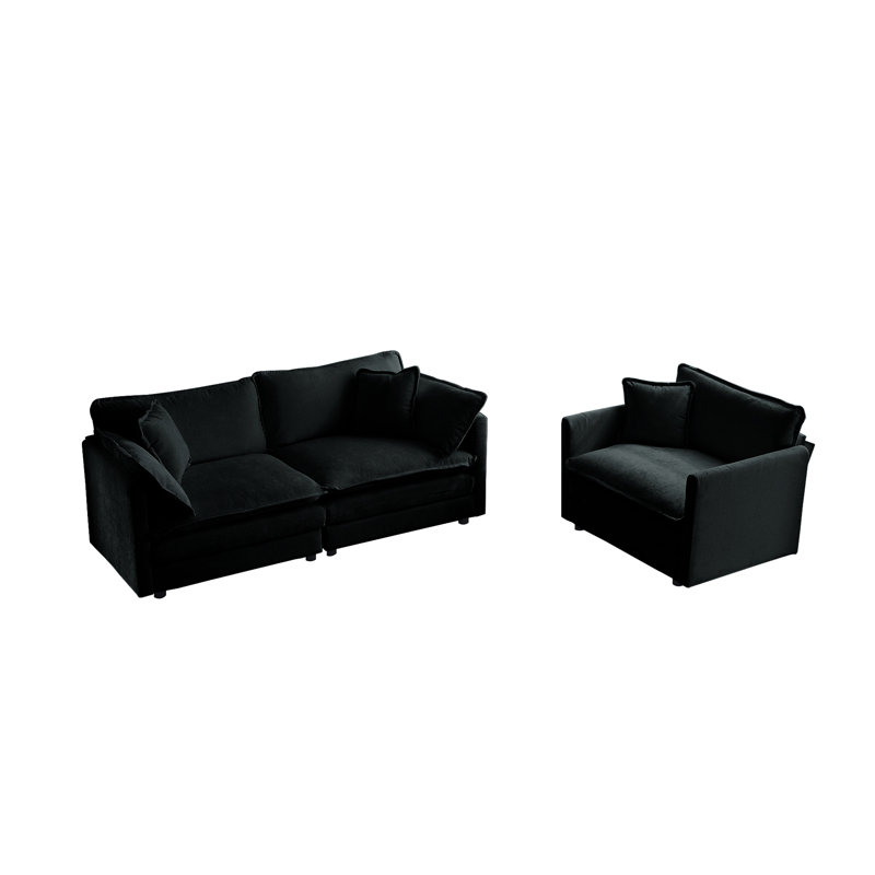 Chenille noire 2 places et chaise. Meubles en bois massif. Revêtement. Rembourrage confortable en éponge. Arrangements de sièges personnalisables. Assemblage facile
