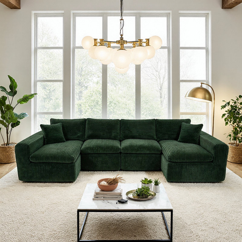 Canapé modulaire en U avec mousse à mémoire de forme et velours côtelé Aino, Vert
