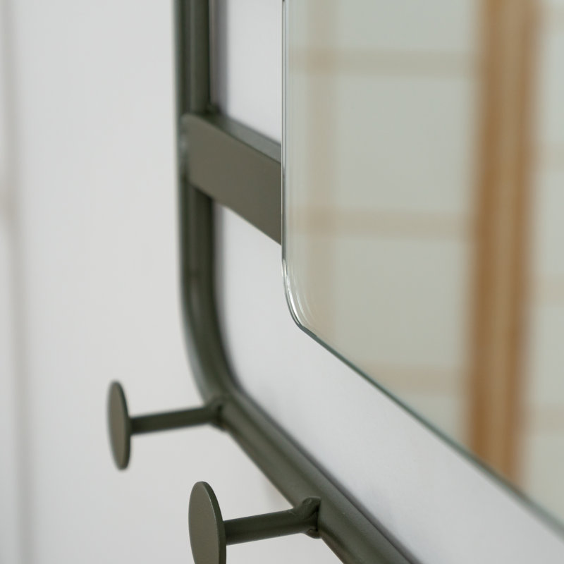 Furness Metal Flat Wall Mirror with Hooks, Green