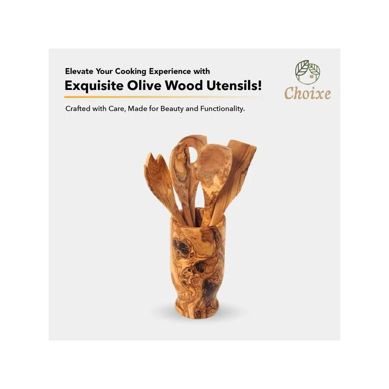 Ensemble de service de cuisine en bois d'olivier avec support - 6 pièces