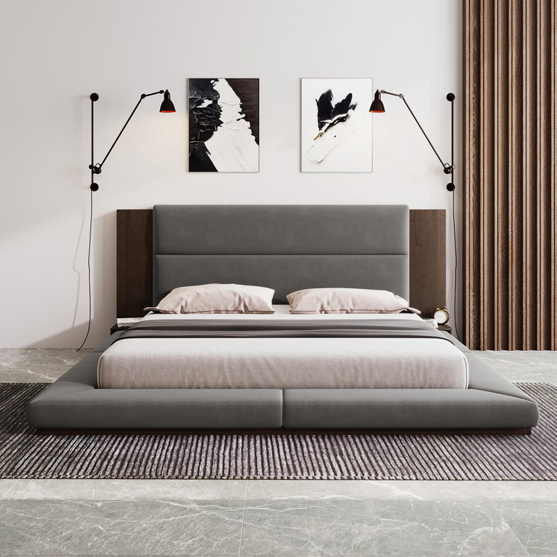 Floor Upholstered Platform Bed With Extended Wood Headboard & Bedside Shelf, Queen