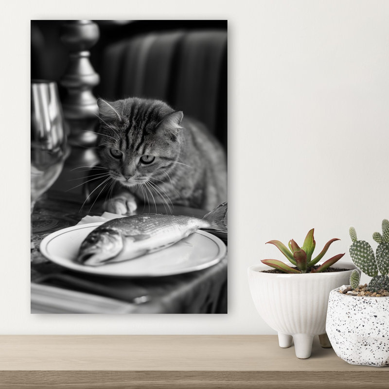 Cat Stares At Fish Elegant Contemporary Cat Fish Wall Art Print 1 Piece Wrapped Canvas Wall Art, 45.72cm H x 30.48cm W