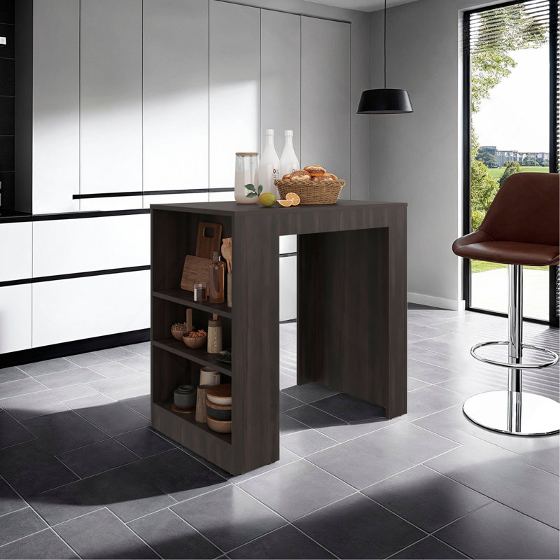 Kitchen Island, Kitchen Bar Table with 3-Side Shelves, Dark Walnut
