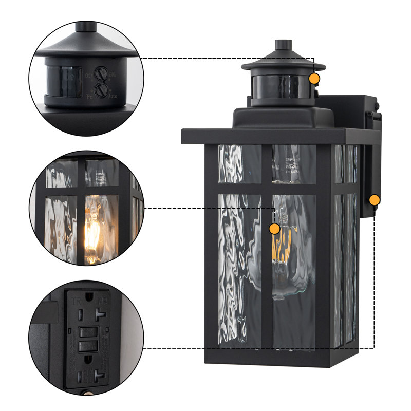 Black Motion Sensor Dusk To Dawn Outdoor Wall Lantern With Water Glass And Gfci Outlet
