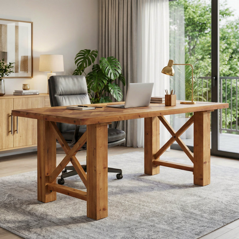 63-inch Home Office Computer Desk With Fir Wood Herringbone Top