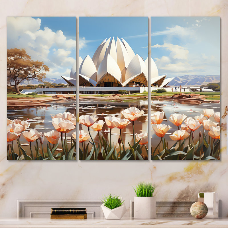 Art indien, Temple du Lotus - Art mural indien, Toile tendue, H 28 po x l 36 po x P 1 po