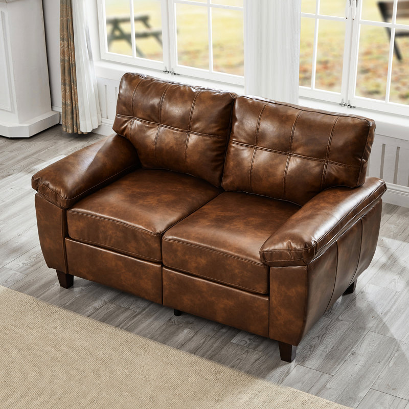 Fauteuil brun de 150 cm (59 pouces) recouvert de cuir PU respirant, style moderne avec rangement, grand accoudoir, assise à ressorts ensachés et pieds en bois massif.