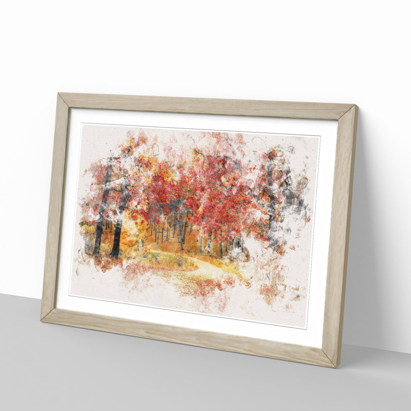 Path Through the Forest at Autumn - Picture Frame Painting Print, 24cm H x 33cm W x 2cm D, Oak Framed