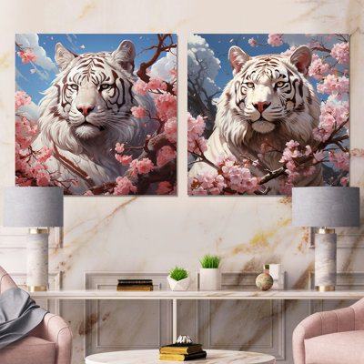 Ensemble de salon avec art floral tigré blanc et tigre blanc I