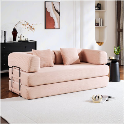 Convertible Sleeper Sofa Bed with Cylindrical Pillow, Corduroy Folding Mattress Couch for Living Room and Bedroom