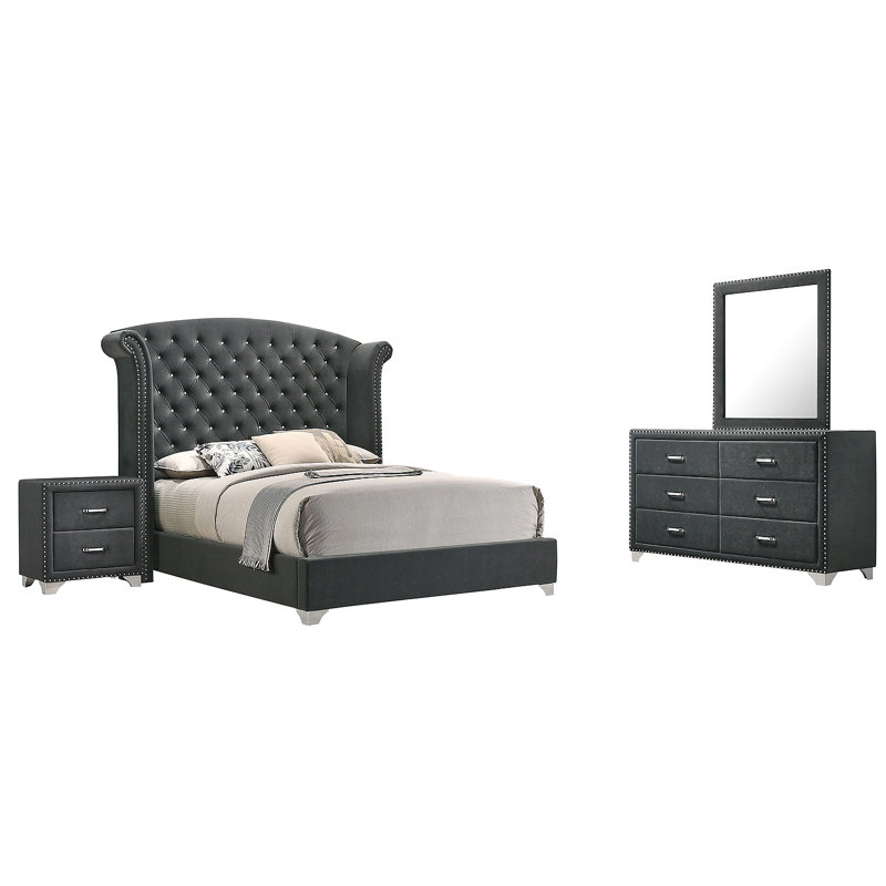 Ensemble de chambre avec grand lit 4 pièces Kennedy Gris, gris, Quatre pièces : lit, table de chevet, commode et, Grand