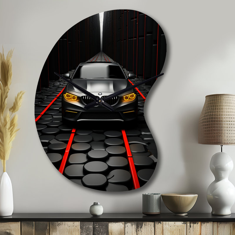 Black Car Abstract Background - Road Irregular Shape Metal Wall Clock, Red Asymmetrical Metal Wall Clock Print, Large