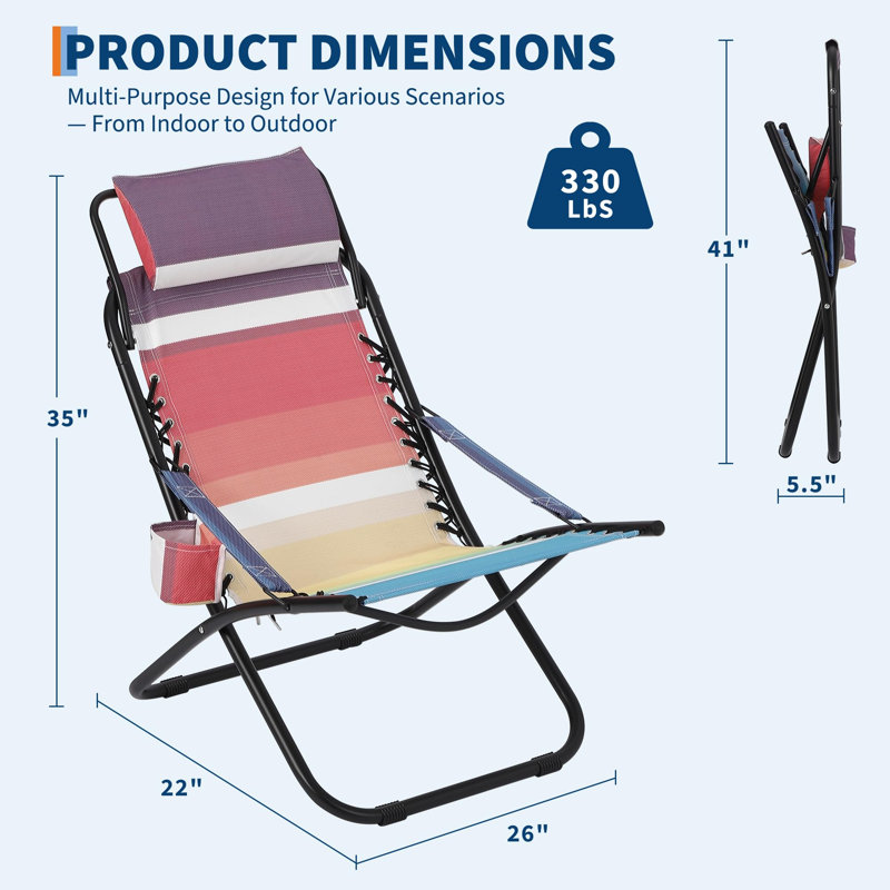 Rainbow Folding Reclining Beach Chair with Headrest, Backpack Straps, Cup Holder, and Storage Pockets