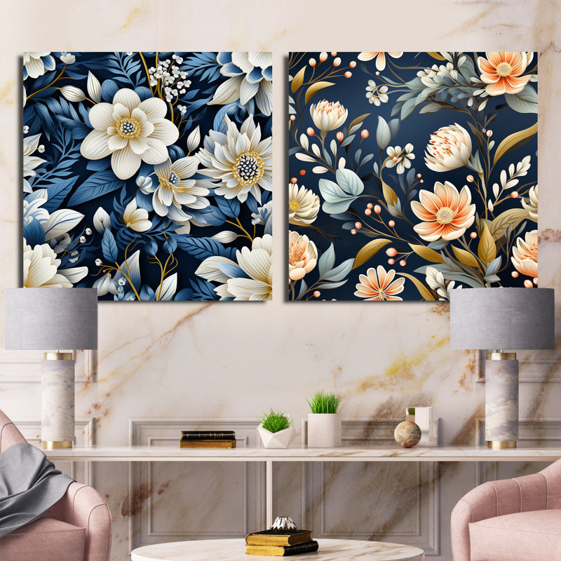 Motif floral blanc et bleu Magnolias, Toile tendue, H 16 po x l 33 po