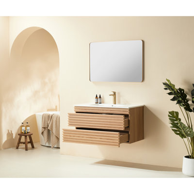 36-Inch Single Vanity, Wall Mounted & Floating, Ceramic Sink, Fully Assembled, Natural Walnut, Plywood For Durableness 36" Floating Vanity With Build, Practical Storage
