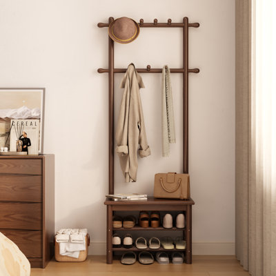 Solid Wood Hall Tree with Bench and Shoe Storage, Entryway Organizer with 11 Hooks and Two-Tier Shoe Rack for Mudroom or Hallway by Lark Manor