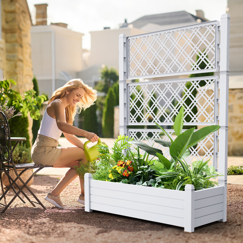 Support pour plante surélevée 59,5 "avec treillis pour plantes grimpantes, Blanc