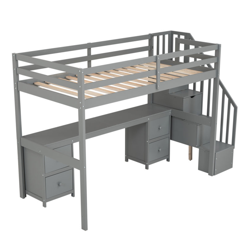 Structure de lit mezzanine simple avec bureau intégré et tiroirs de rangement doubles, Grey