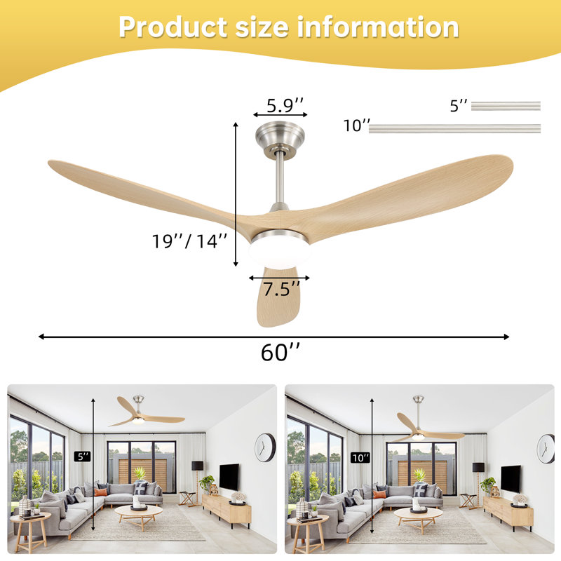 Bartling 60-Inch 3-ABS Blade Modern Ceiling Fan With Light and Amazon Alexa/Voice/Remote/APP Control（Brushed Nickel&Beige）