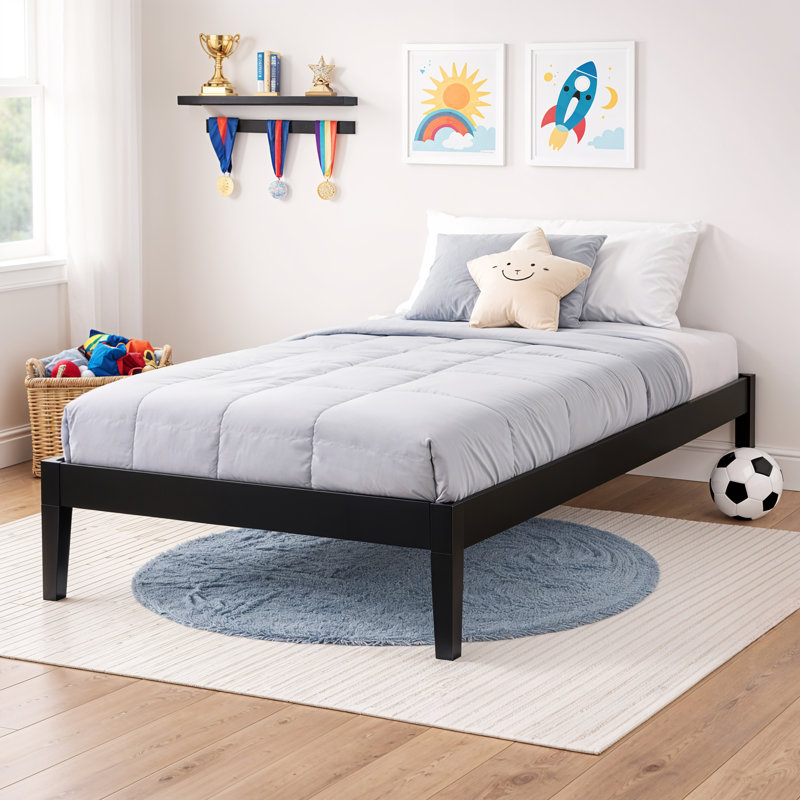 Marialana Contemporary Solid Wood Platform Bed with 13 Support Slats, Black, Twin