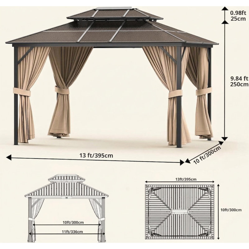 10'X13' Hardtop Gazebo, Galvanized Steel Aluminum Frame Double Roof with Curtains & Netting for Patio Backyard