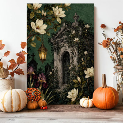 Tableau sur toile encadré (1 pièce), motif floral jardin mausolée, idéal pour Halloween. Parfait pour le salon, la chambre à coucher, le bureau, la salle de bain, une chambre d'étudiant ou toute autre pièce de la maison. Prêt à accrocher.